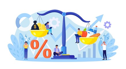 Inflation in economy. Scales with food and gold coins. Goods and services costs more value. Rising food prices. Loss of purchasing power, increase in consumer prices, fall of currency value