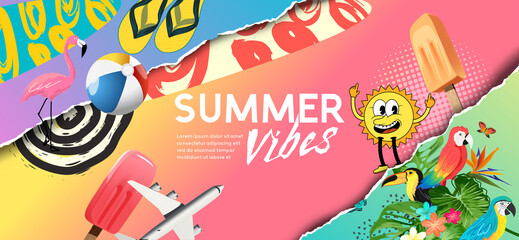 Colourful and bright summer collage layout background. Vector illustration.