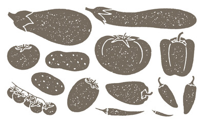 Grunge set of illustrations of nightshade produce with grainy texture