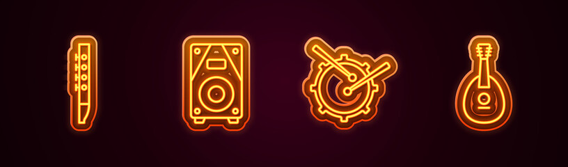 Canvas Print - Set line Flute, Stereo speaker, Drum with drum sticks and Mandolin. Glowing neon icon. Vector