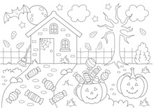Cute Halloween Coloring Page Design For Kids With Pumpkins, Candy, A Little House And More Fun Shapes To Color. You Can Print It On Standard A4 Paper