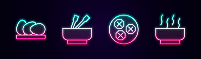 Set line Chicken egg, Asian noodles in bowl, Wonton and Ramen soup. Glowing neon icon. Vector