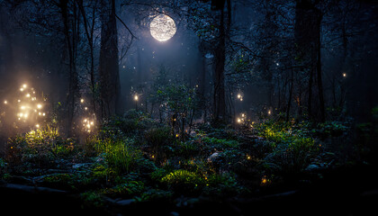 Dark fairytale fantasy forest. Night forest landscape with magical glows. Abstract forest, magic, fantasy, night, lights, neon. 3D illustration.