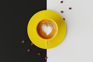 Canvas Print - Top view of a yellow cup of coffee on a dark pastel background and a coffee zone. Concept of drinking coffee, cafe. Energy. 3d rendering, 3d illustration.