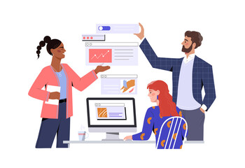 Teamwork and collaboration concept. Young men and women UX and UI designers hold parts of user interface and create application. Brainstorming and generating ideas. Cartoon flat vector illustration