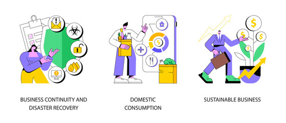 Wall Mural - Anti-crisis strategy abstract concept vector illustration set. Business continuity, disaster recovery, domestic consumption, sustainable business, economics, risk management abstract metaphor.