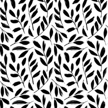 Olive Leaves And Branches Silhouettes Seamless Pattern. Hand Drawn Brush Painted Branches With Long Black Leaves. Ink Plant Drawings. Natural Organic Ornament With Black Stems. Botanical Background 