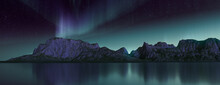 Magical Sky With Aurora And Stars. Green Northern Lights Banner With Copy-space.