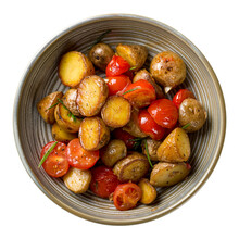 Baked Mini Potatoes With Tomatoes And Rosemary Isolated On White Background Top View