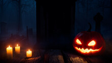 Creepy Halloween Churchyard Scene With Scary Pumpkin And Candles.