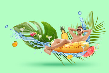 Summer collage with relaxing man, inflatable ring, tropical leaves, fruits and cocktails on green background