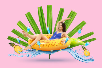 Poster - Summer collage with happy young woman, inflatable ring, tropical leaf, pineapple and cocktails on pink background