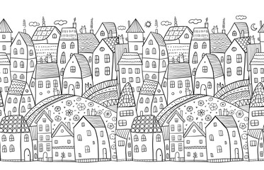 Poster - Childish town street landscape with houses on road. Cute city in scandinavian style. Cartoon village buildings, seamless pattern background. Illustration of town childish street with buildings