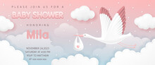 Baby Shower Banner Invitation Card With Stork Carrying A Cute Baby In A Bag In Pink Sky Background For Greeting Cards, Children's Albums, Birthday Party For A Girl, Poster, Greeting Card, It's A Girl