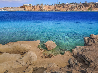 Top view of the Red Sea at Sharm el-Maya bay in Sharm El Sheikh, Egypt. Amazing seascape in the Sinai Peninsula