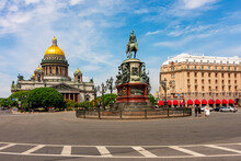 St. Isaac's Cathedral And Nicholas I Monument On Isaac Square, Saint Petersburg, Russia
