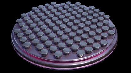 Metalens , Meta-lens. Array of small lenses mounted on disk wafer.  Micro lenses. Microlenses .Array of pins, connectors on  microchip. 3d render illustration. 