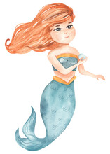 Watercolor Fabulous Mermaid With Pink Tail And Pearl
