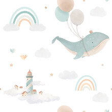 Beautiful Children Seamless Pattern Contain Cute Watercolor Flying Whales With Air Balloons Lighthouses Clouds And Rainbows. Stock Illustration.