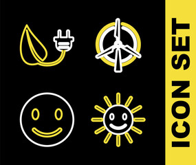 Sticker - Set line Rotating wind turbine, Cute sun with smile, Smile face and Electric saving plug leaf icon. Vector