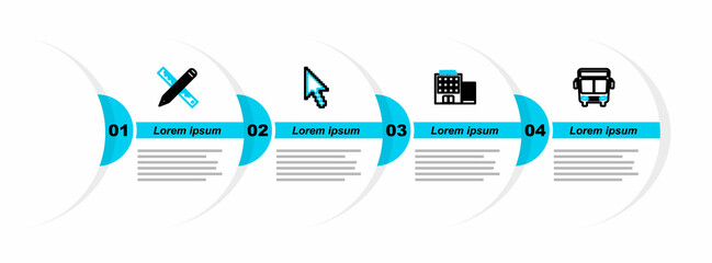 Sticker - Set line Bus, Hotel building, Pixel arrow cursor and Crossed ruler and pencil icon. Vector