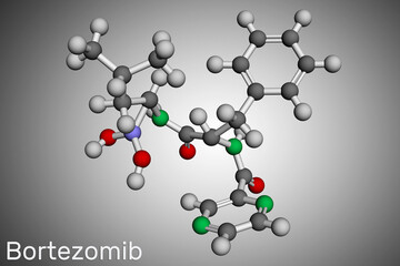 Poster - Bortezomib molecule. It is anticancer medication used to treat multiple myeloma and mantle cell lymphoma. Molecular model. 3D rendering