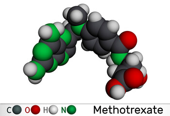 Poster - Methotrexate, MTX molecule. It is antineoplastic drug, used the treatment of  cancer, psoriasis, rheumatoid arthritis. Molecular model