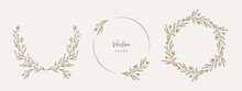 Hand Drawn Floral Frames With Flowers, Branch And Leaves. Wreath. Elegant Logo Template. Vector Illustration For Labels, Branding Business Identity, Wedding Invitation