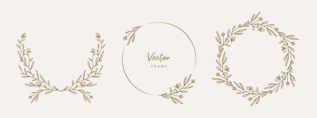 Wall Mural - Hand drawn floral frames with flowers, branch and leaves. Wreath. Elegant logo template. Vector illustration for labels, branding business identity, wedding invitation