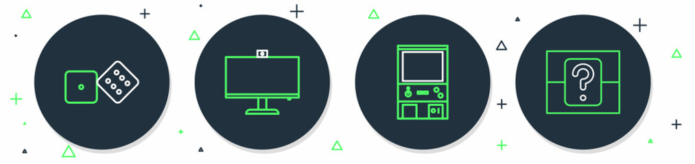 Canvas Print - Set line Computer monitor, Retro arcade game machine, Game dice and Mystery random box icon. Vector