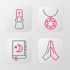 Poster - Set line Hands in praying position, Holy book of Koran, Star David necklace chain and Priest icon. Vector