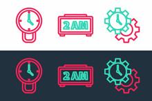 Set Line Time Management, Clock And Digital Alarm Clock Icon. Vector