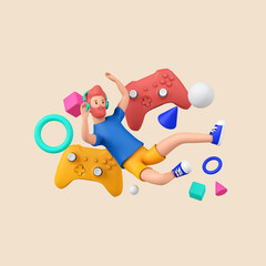 Wall Mural - Video game concept. Young gamer surrounded by games controller and abstract shapes. 3D Rendering