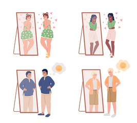 People with good self esteem semi flat color vector characters set. Editable figure. Full body people on white. Self love simple cartoon style illustration for web graphic design and animation pack