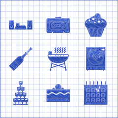 Sticker - Set Barbecue grill, Cake, Detailed calendar, Vinyl player with vinyl disk, Wine glasses stacked pyramid tower, Champagne bottle, Muffin and Home stereo two speakers icon. Vector