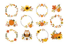 Autumn Decorative Arrangements. Collection Of Wreaths And Cute Dividers Isolated On White Background. Seasonal Floral Decoration. Vector Illustration.