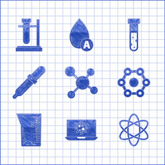 Sticker - Set Molecule, Bacteria on laptop, Atom, Chemical formula, Laboratory glassware beaker, Pipette, Test tube and flask chemical and stand icon. Vector