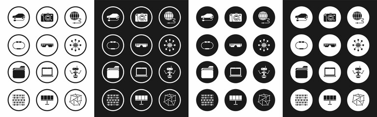 Sticker - Set Social network, Smart glasses, Smartwatch, Electric car, Mirrorless camera, Robot and Document folder icon. Vector