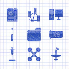 Sticker - Set Document folder, Drone flying, UAV, Video graphic card, Syringe, Screwdriver, Computer monitor and Motherboard icon. Vector