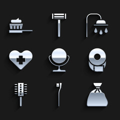 Sticker - Set Round makeup mirror, Toothbrush, Garbage bag, Toilet paper roll, Hairbrush, Heart with cross, Shower head and toothpaste icon. Vector