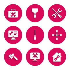 Sticker - Set Screwdriver, Location with wrench, House repair, Wheel, Hammer, Computer monitor service, and and Toolbox icon. Vector