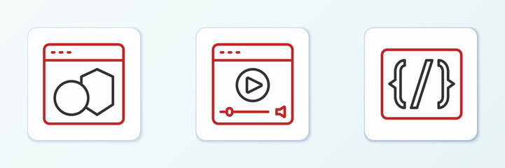 Set line Programming language syntax, Software and Online play video icon. Vector