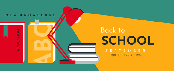 Illustration with a table lamp and a stack of books. Back to school. Vector background banner or advertising.