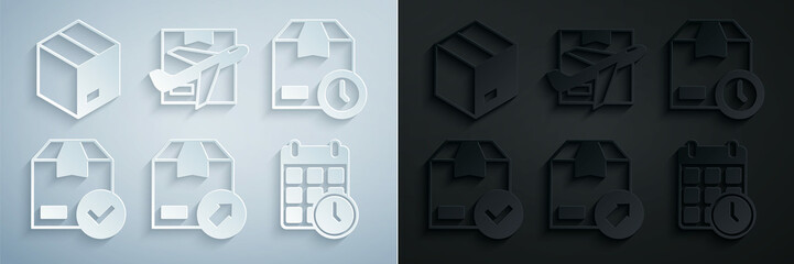 Sticker - Set Carton cardboard box, Cardboard with clock, ackage check mark, calendar, Plane and and icon. Vector