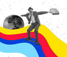 skateboarding on rainbow. contemporary art collage. new ideas and creative inspiration. concept of r