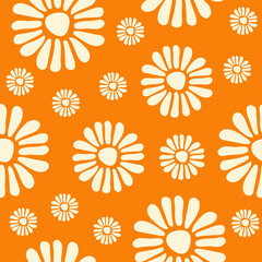 Wall Mural - Floral abstract seamless pattern with cute hand drawn flowers on a orange background. Naive minimal art print. Trendy vector illustration