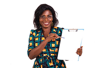 Sticker - beautiful businesswoman pointing pen at clipboard smiling.