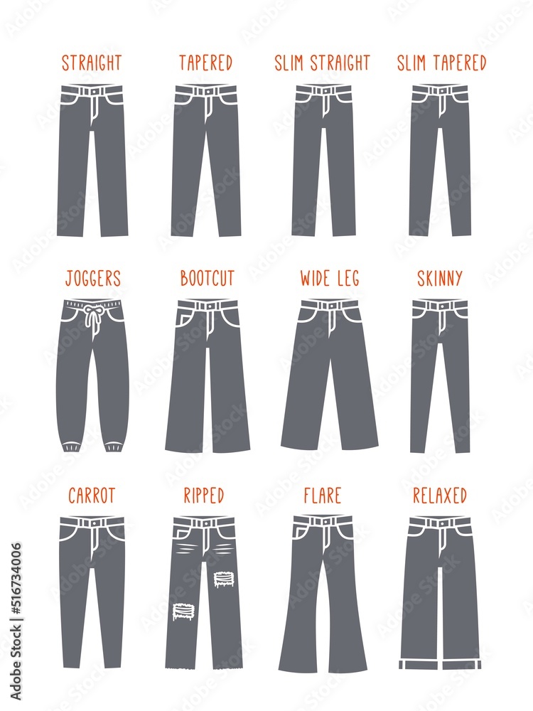 Jeans styles for men. Jean pants of different fit. Simple silhouette icons.  Male denim trousers guide. Outline flat pictograms. Straight, wide leg,  slim, skinny, relaxed style, boot cut, carrot jeans Stock Vector |