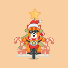 Cute Cat Carrying Christmas Gift With Motorcycle. Cute Christmas Cartoon Illustration.