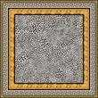 © L. Kramer - Vector carpet print on a beige leopard skin pattern background, gold acorn frame, Greek meander frieze. 4 border pattern brushes in the brush palette